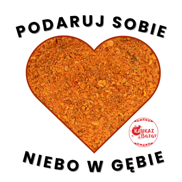 Zbliżenie suchej czerwonej adżiki w grafice serca Kaukaz Bazar