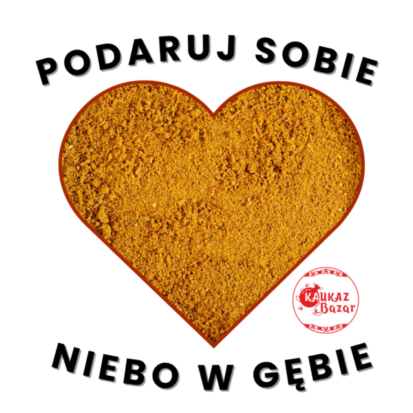 Close-up of Georgian meat seasoning in a Kaukaz Bazar heart-shaped graphic