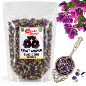 Opakowanie suszonych kwiatów malwy dzikiej Kaukaz Bazar z fioletowymi kwiatami i zielonymi częściami